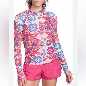 NEW FP Movement Semi Shear Mesh Top Thumbholes NWT Fairisle Magenta Print